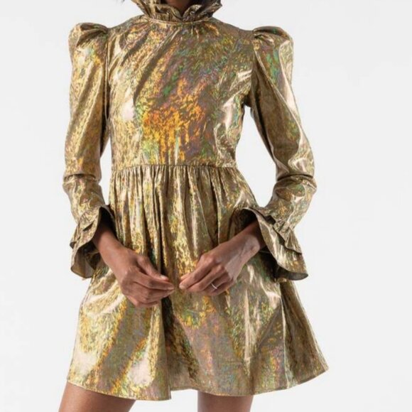 BATSHEVA Prairie ruffled holographic lamé mini dress gold size extra small 0 - Picture 5 of 12
